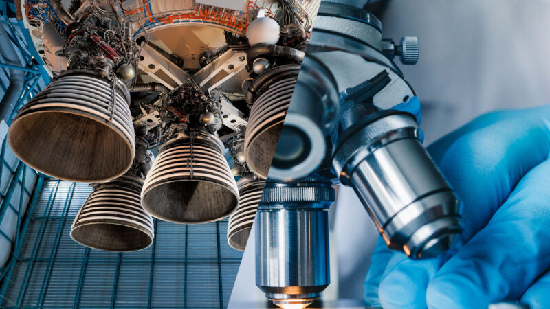 Split image of space shuttle engine and microscope